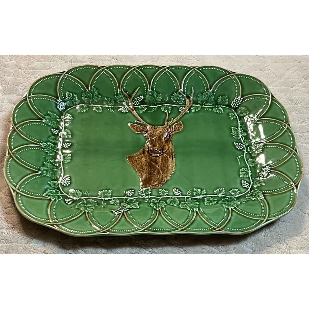 Bordallo Pinheiro Woods Deer Platter Tray Green Buck Portugal 18.75" Bosque Hunt - Picture 2 of 13